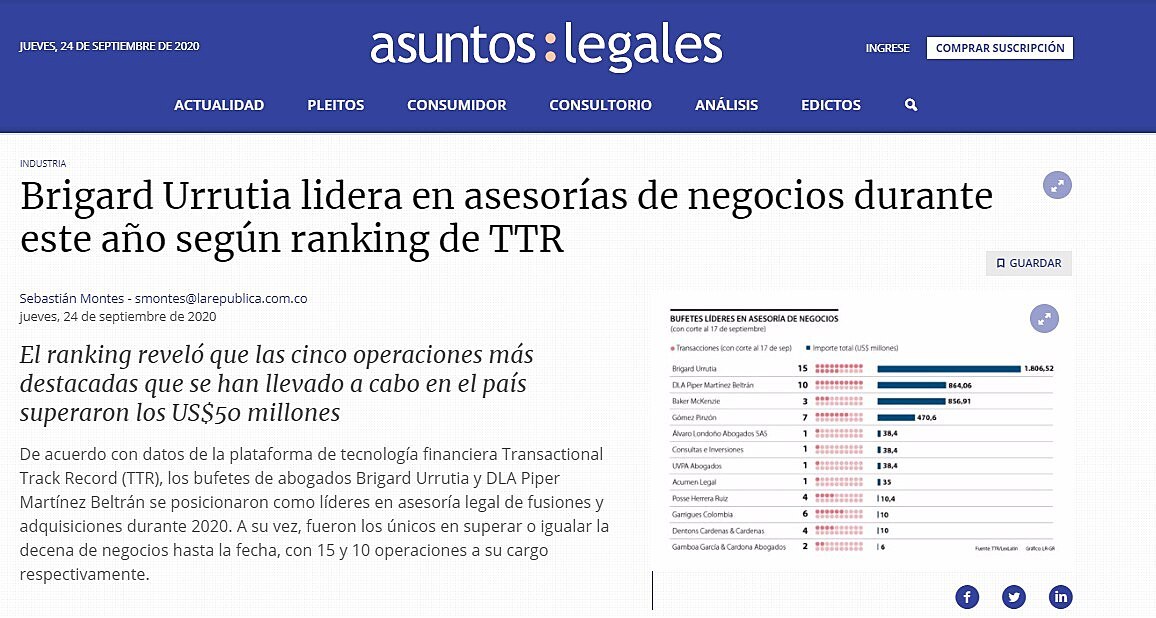 Brigard Urrutia lidera en asesoras de negocios durante este ao segn ranking de TTR